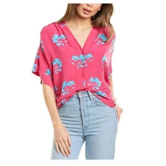 Maje Clowers Blouse Shirt Floral Print Button Down Short Sleeve Pink Blue Small - Picture 1 of 11